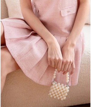 GLITZ PEARL TWEED PLEATED DRESS IN PINK