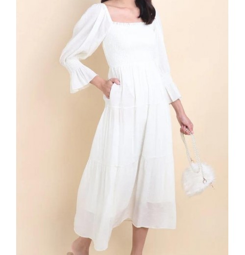 MEADOW SMOCKED MAXI DRESS IN MILKY WHITE